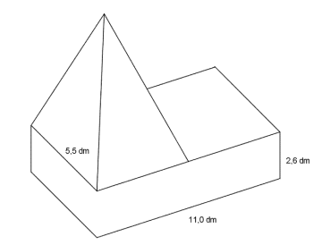 Figuren består av et rett, firkantet prisme og en pyramide. Prismet har dimensjoner på 11.0 dm, 5.5 dm og 2.6 dm. Pyramiden står oppå toppen av prismet, og den har en kvadratisk bunn der den ene siden også er den ene "breddesiden" i prismet (lengde 5.5 dm).